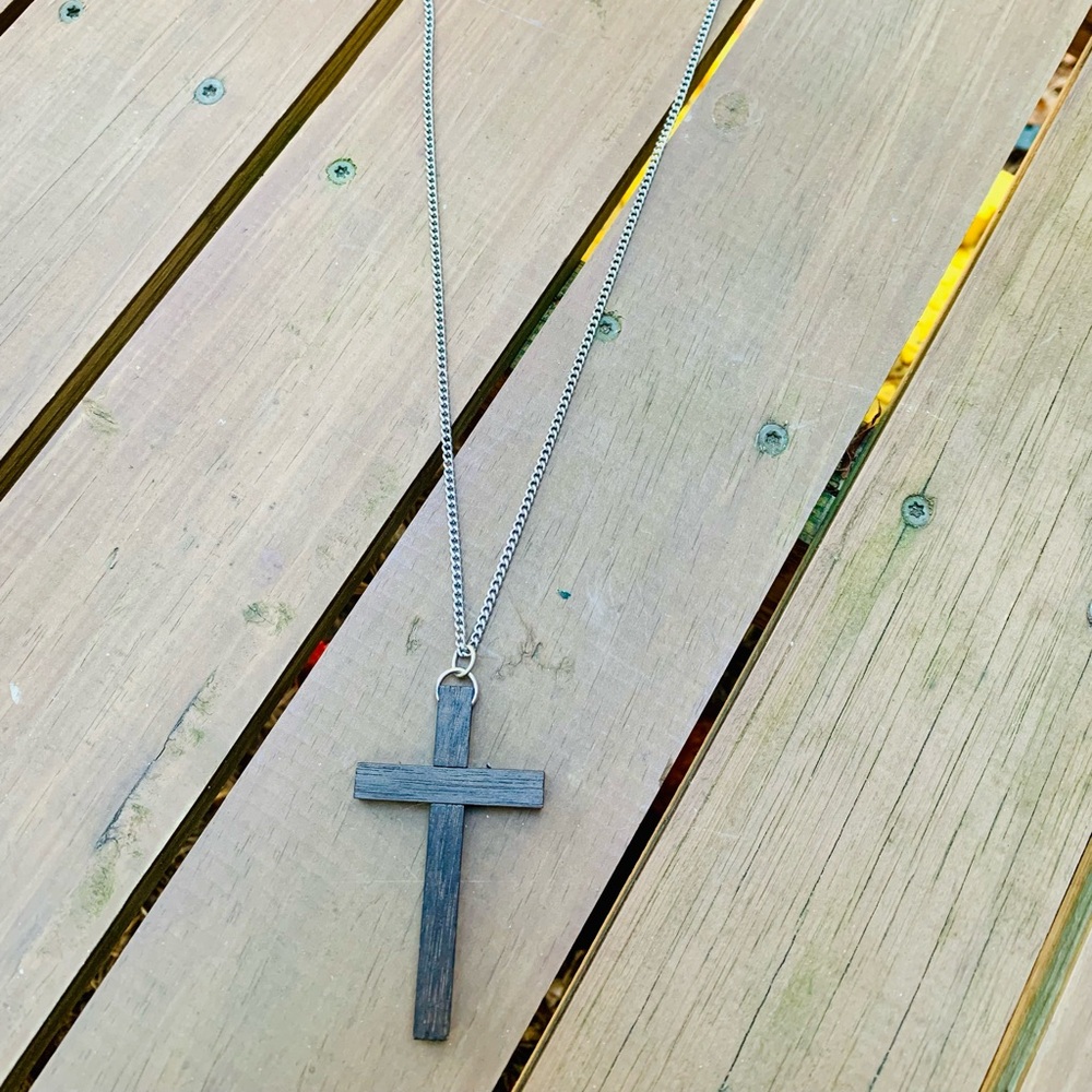 wood stained cross pendant silver chain necklace